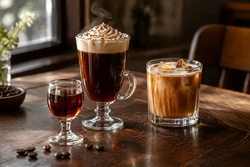 Ahşap masa üzerinde kremalı sıcak Irish coffee, buzlu soğuk kahve kokteyli ve küçük bir kahve likörü bardağı