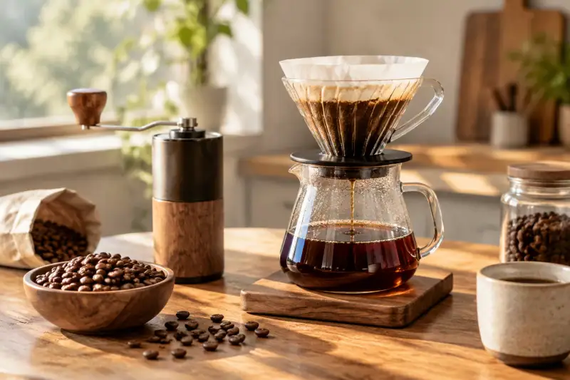 Ahşap tezgâhta taze kavrulmuş kahve çekirdekleri, el değirmeni ve cam ekipmanla hazırlanan pour-over kahve