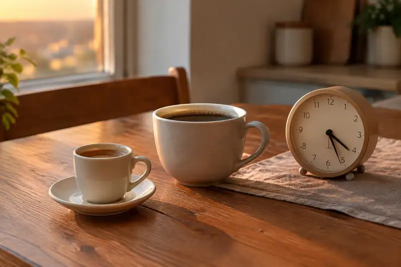 Akşamüstü ışığında, sade bir saatin yanında duran espresso ve filtre kahve fincanları.