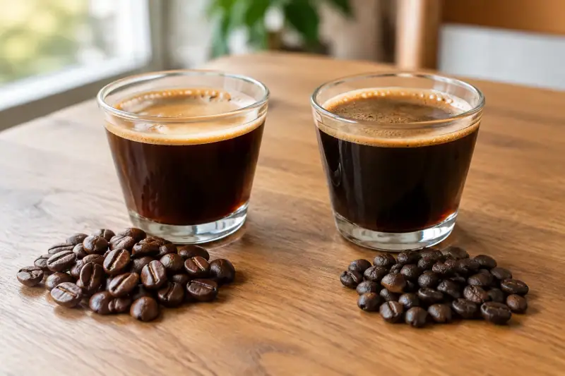 Arabica ve Robusta kahve çekirdeklerinin, karşılaştırma için yan yana hazırlanmış iki fincan kahvenin yanında durduğu yakın çekim.