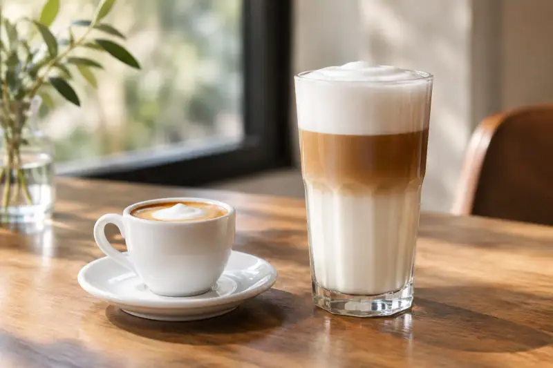 Az köpüklü espresso macchiato fincanının yanında, bol sütlü ve katmanlı latte macchiato bardağı