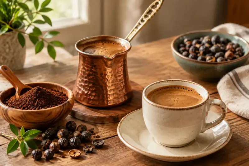 Bakır cezvede pişirilen menengiç kahvesi; yanında köpüklü bir fincan ve öğütülmüş menengiç bulunuyor.