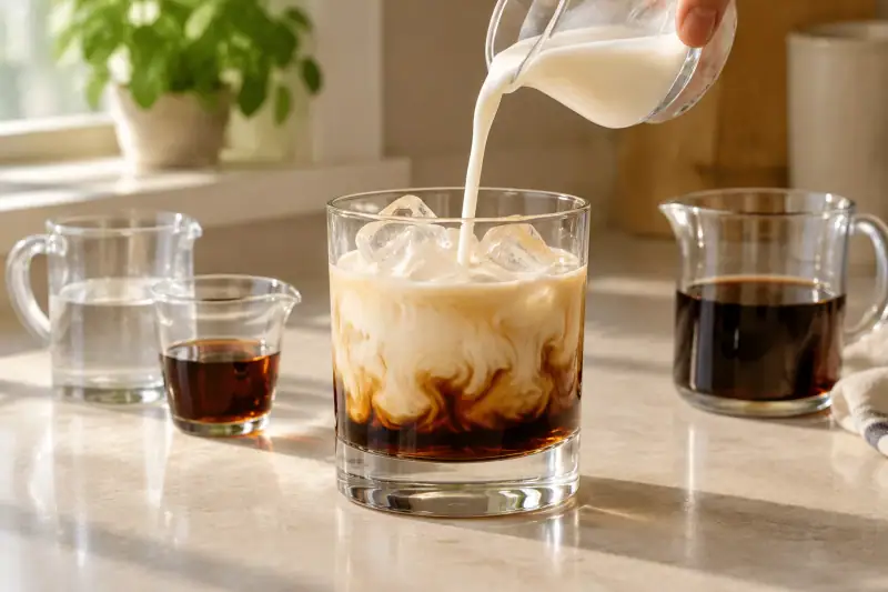Buz dolu bardakta votka ve kahve likörünün üzerine eklenen kremayla hazırlanan White Russian kokteyli; yanında ölçü kapları.
