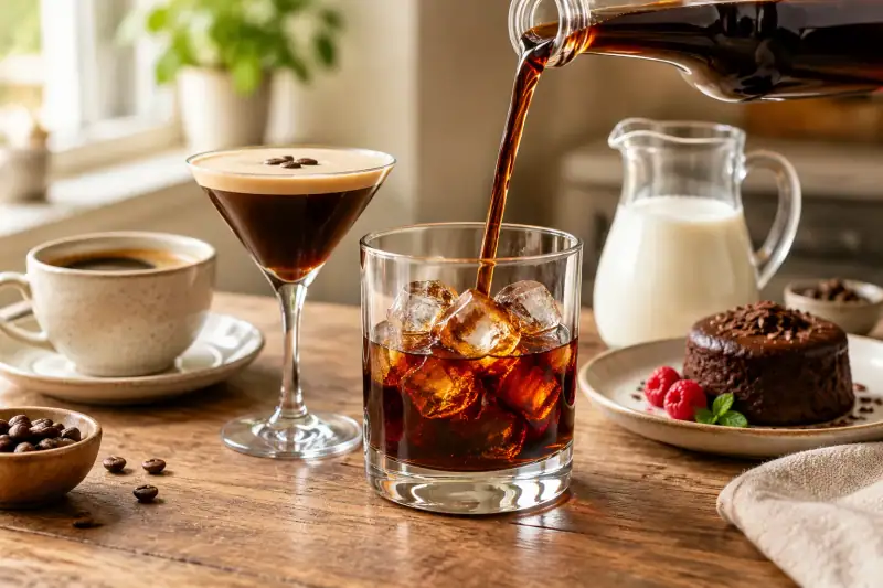 Buzlu bardakta kahve likörü; yanında espresso martini, kahve, süt ve çikolatalı tatlı