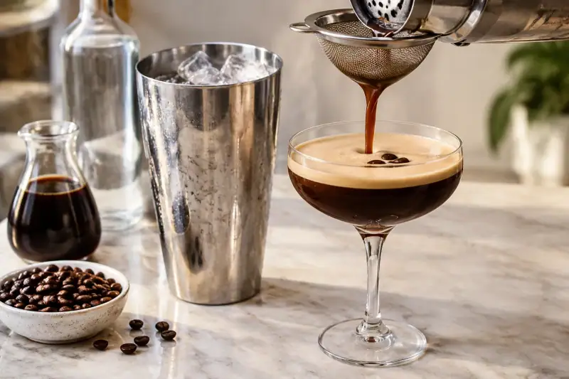 Buzlu shakerdan soğutulmuş kokteyl bardağına espresso martini süzülüyor.