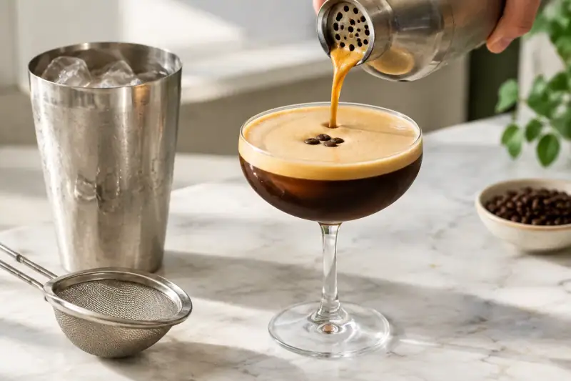 Çalkalanmış espresso içeceğinin ince süzgeçten köpüklü bir kadehe aktarılması