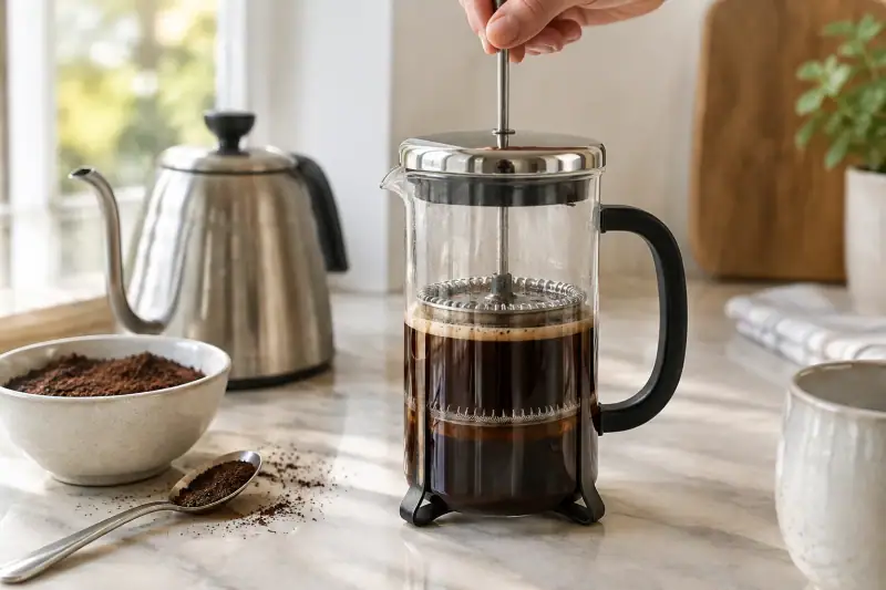 Cam French press haznesinde demlenen kahvenin pistonu yavaşça aşağı indiriliyor.