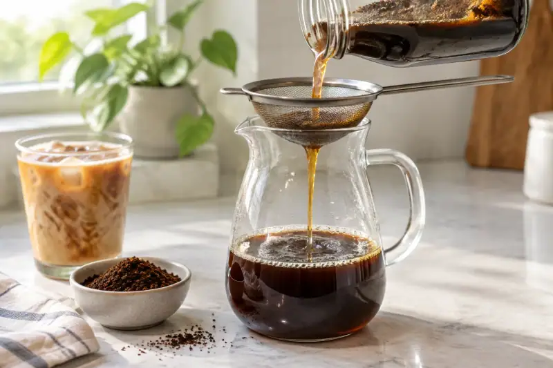 Cam kavanozdaki cold brew kahvenin ince süzgeçten sürahiye aktarılması; yanında kalın öğütülmüş kahve ve sütlü kahve bardağı