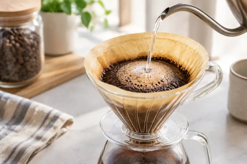Cam pour-over düzeneğinde sıcak suyla ıslanan kahve yatağının kabarıp baloncuklar oluşturduğu ön demleme anı.