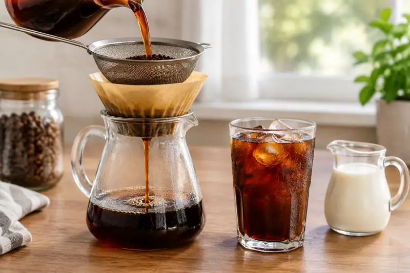 Cold brew kahvesi önce süzgeçten, ardından kâğıt filtreden geçirilerek süzülüyor; yanında buzlu servis bardağı bulunuyor.
