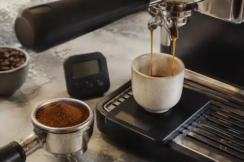 Dijital tartıda fincana espresso akarken yanında kahve dozunun ölçüldüğü düzenek