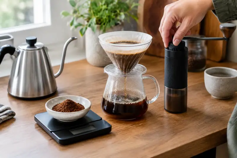 Dijital tartıda ölçülen kahve, pour-over ekipmanı ve öğütüm ayarını değiştiren bir el