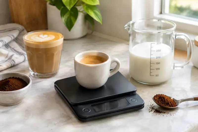 Dijital tartıdaki espresso fincanı ve yanında ölçülmüş süt bulunan sürahi