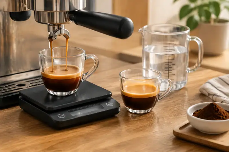 Espresso fincanı, hassas mutfak tartısı ve ölçülü su sürahisi