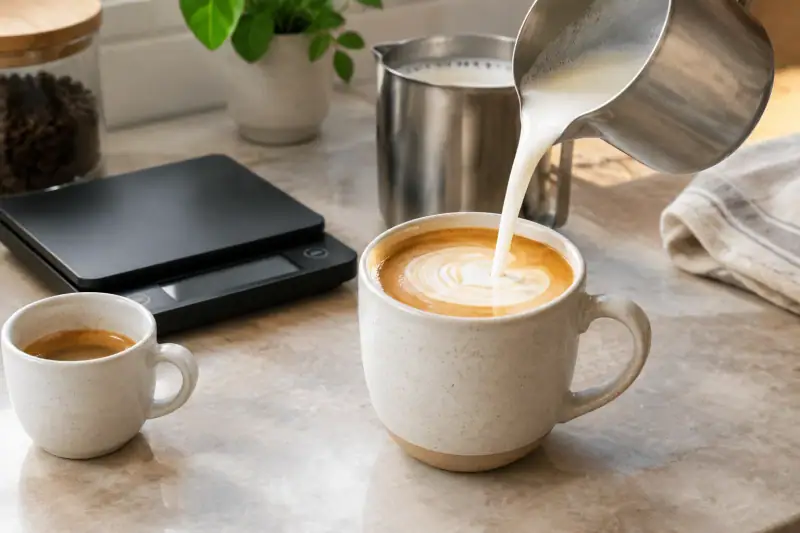 Espresso fincanına köpürtülmüş bitkisel sütün yavaşça dökülmesi