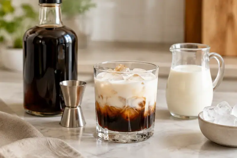 Etiketsiz kahve likörü, soğuk sıvı krema ve katmanlı White Russian kokteyli