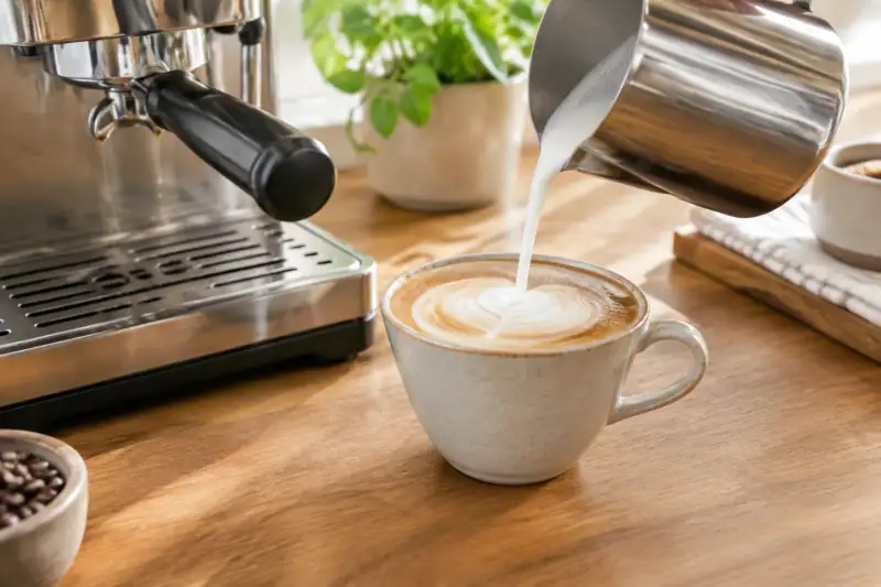 Ev mutfağında espresso makinesi ve süt potasının yanında, ince köpüklü sütle hazırlanan latte