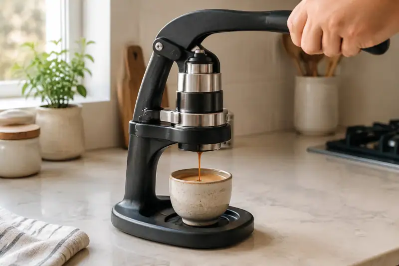 Ev mutfağında küçük bir fincana espresso hazırlayan manuel kahve presi