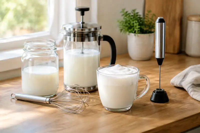 Ev mutfağındaki tezgâhta süt köpürtmek için kullanılan kavanoz, French press, tel çırpıcı ve manuel pompalı köpürtücü; yanında köpüklü süt dolu bir fincan.