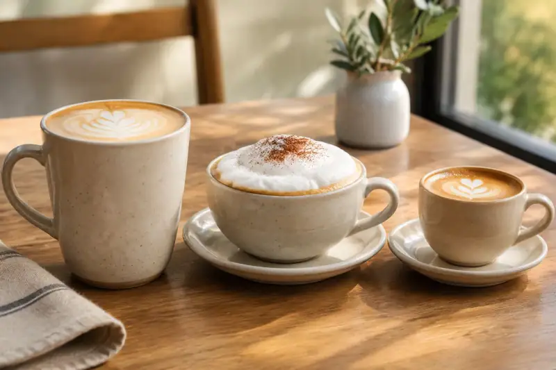 Farklı boyutlarda latte, kalın köpüklü cappuccino ve ince süt köpüklü flat white fincanları yan yana.