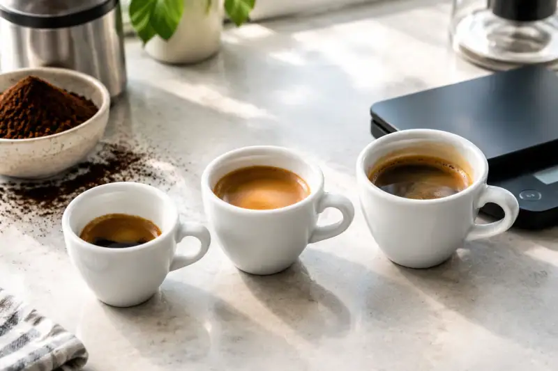 Farklı miktarlarda kahveyle doldurulmuş ristretto, espresso ve lungo fincanları; yanlarında kahve tartısı ve öğütülmüş kahve.