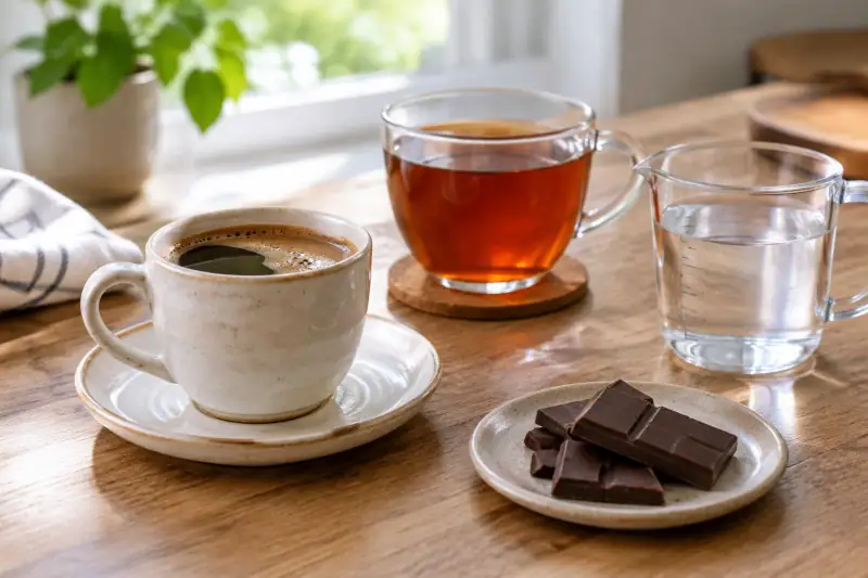 Filtre kahve, çay ve çikolatanın birlikte bulunduğu masa düzeni