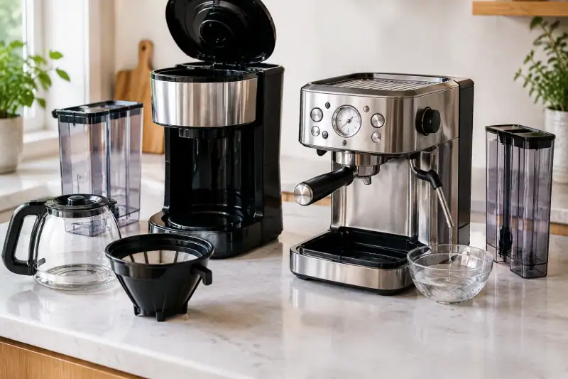 Filtre kahve makinesi ve espresso makinesinin çıkarılmış su hazneleri, sürahisi ve filtre sepetiyle birlikte tezgâhta durması