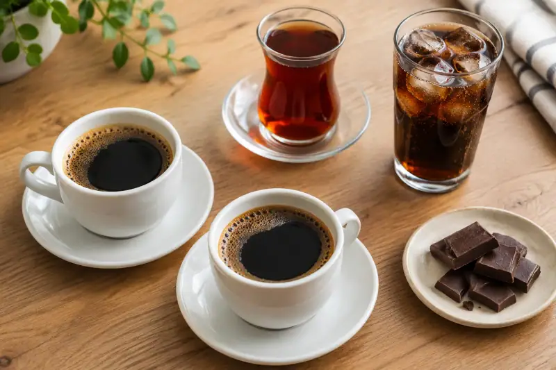 İki fincan filtre kahvenin yanında çay, kola ve çikolata
