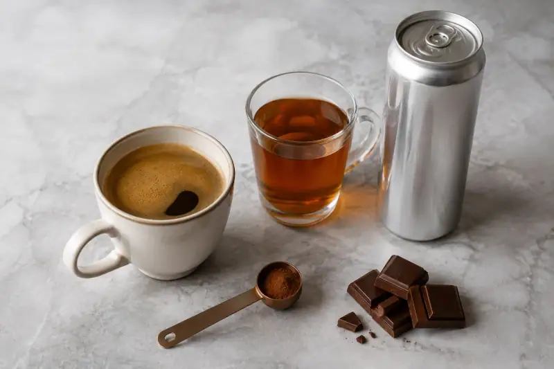 Kahve, çay, enerji içeceği ve çikolata bir arada