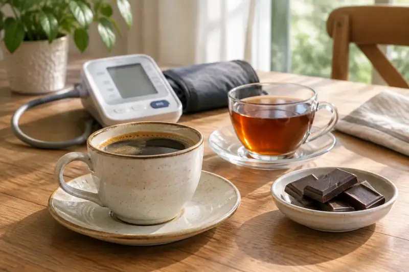 Kahve fincanı, tansiyon ölçer, çay fincanı ve bitter çikolata parçaları bir mutfak masasında.