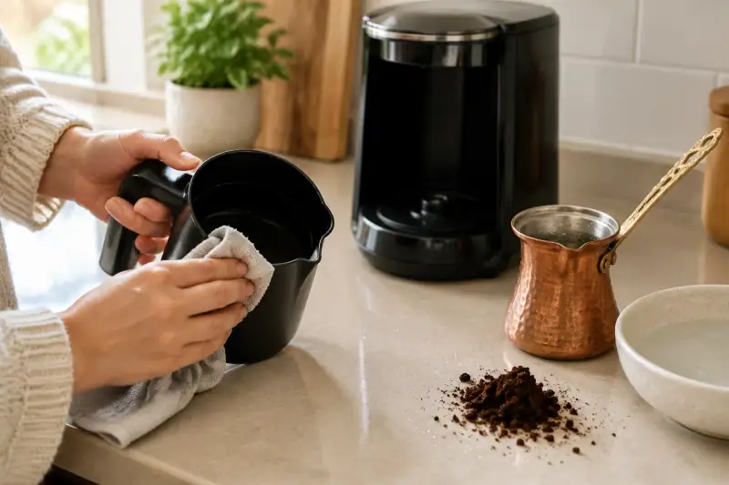 Kahve makinesinin haznesi nemli bezle silinirken yanında durulanan cezve