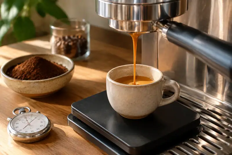 Kahve terazisindeki fincana espresso akarken yanında öğütülmüş kahve ve kronometre görülüyor.