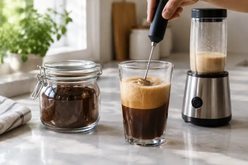 Kahveyi köpürtmek için kullanılan el köpürtücüsü, kapaklı kavanoz ve blender