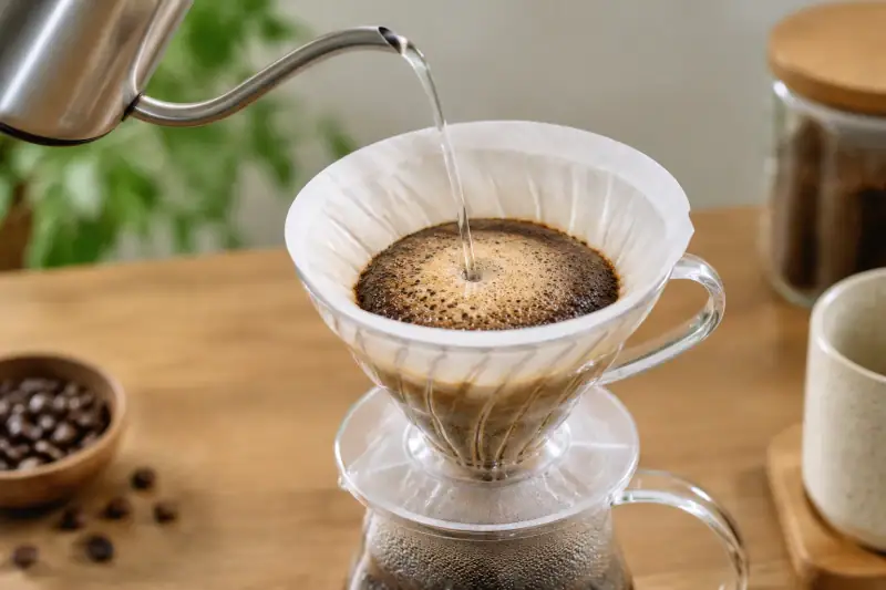 Kettle, V60 içindeki kahve yatağına yakın ve ince bir akışla su döküyor.