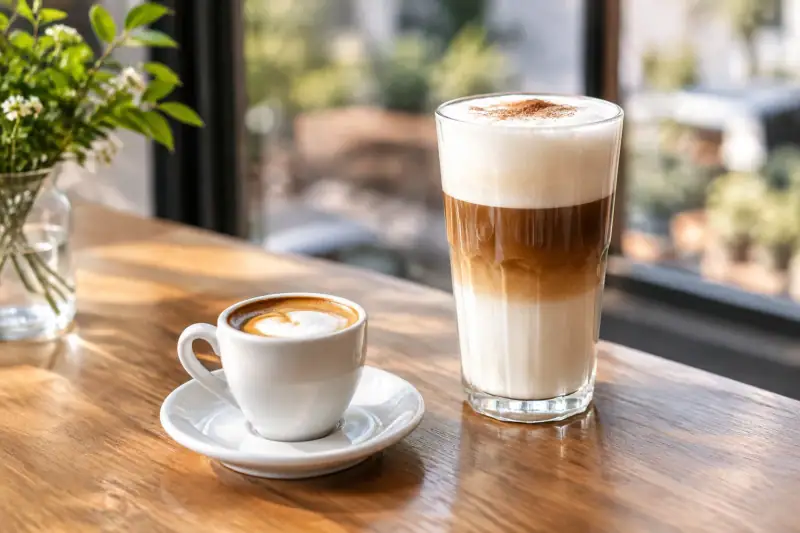 Küçük fincandaki espresso macchiato ile uzun bardaktaki latte macchiato yan yana