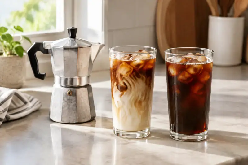 Moka potun yanında buzlu sütlü latte ve sade buzlu Americano hazırlanan iki bardak