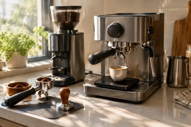 Mutfak tezgâhında espresso makinesi, kahve öğütücüsü ve fincana espresso alan hassas tartı