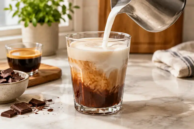 Mutfak tezgâhında espresso ve çikolatanın üzerine buharda ısıtılmış süt eklenerek hazırlanan mocha.