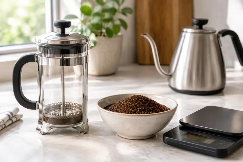 Mutfak tezgâhında tartı, iri öğütülmüş kahve, su ısıtıcısı ve French press