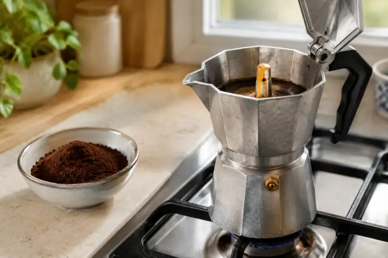 Ocakta düşük ısıda moka potta demlenen kahvenin üst hazneye akışı