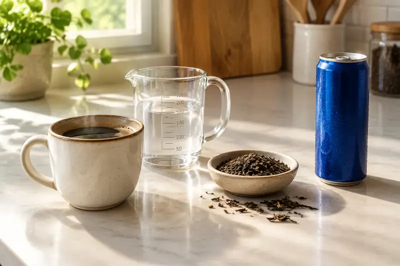 Ölçü kabının yanında filtre kahve, çay yaprakları ve markasız enerji içeceği kutusu