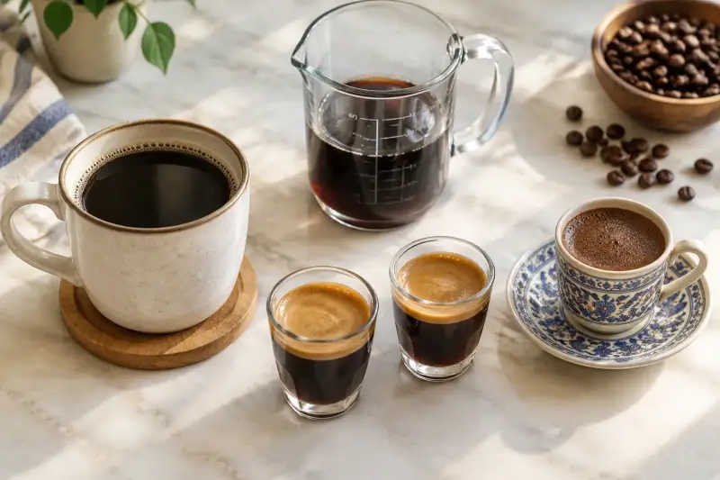 Ölçü kabının yanında filtre kahve, espresso ve Türk kahvesi porsiyonları