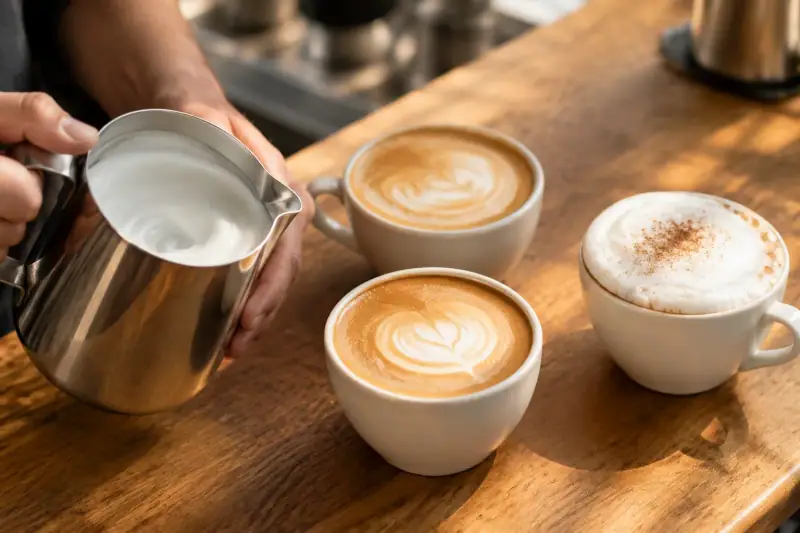 Parlak ince mikro köpüklü flat white, sütü baskın latte ve kalın köpüklü cappuccino yan yana duruyor.
