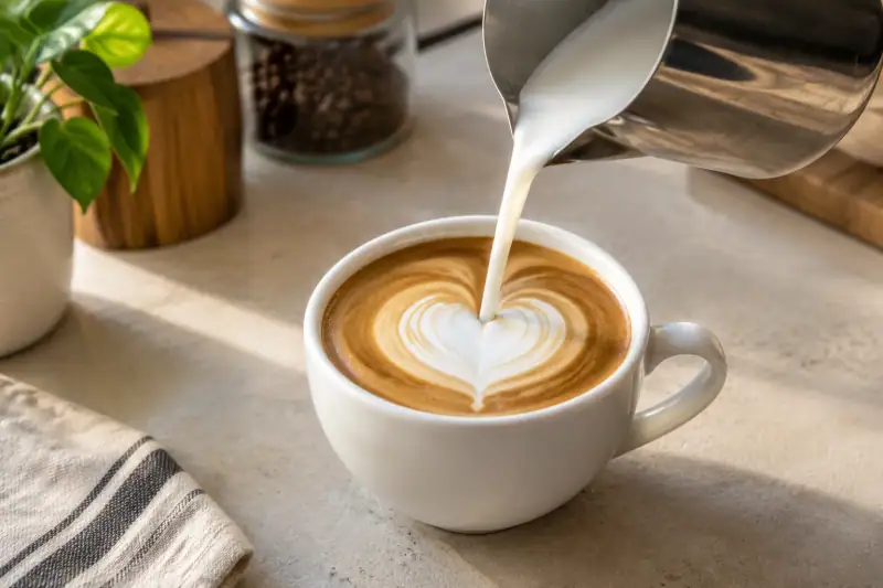 Paslanmaz çelik sürahiden espressoya süt dökülürken fincanda oluşan kalp şeklinde latte art
