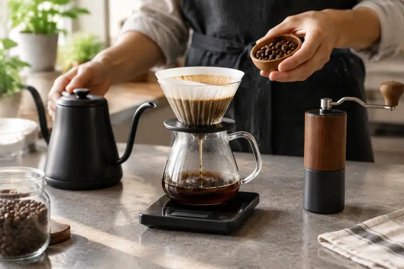 Pour-over demlemede kahve tartısı, el değirmeni ve su ısıtıcısı