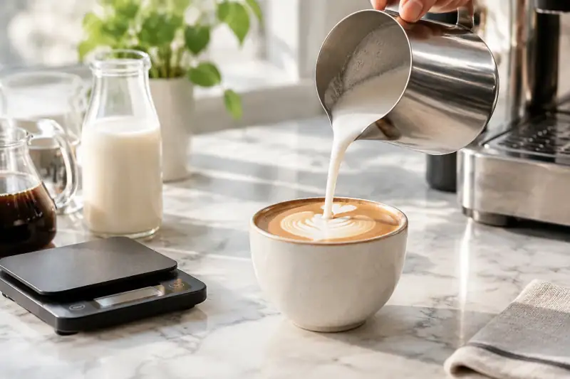 Sade ambalajlı bitkisel sütlerin yanında espressoya köpürtülmüş süt dökülüyor.