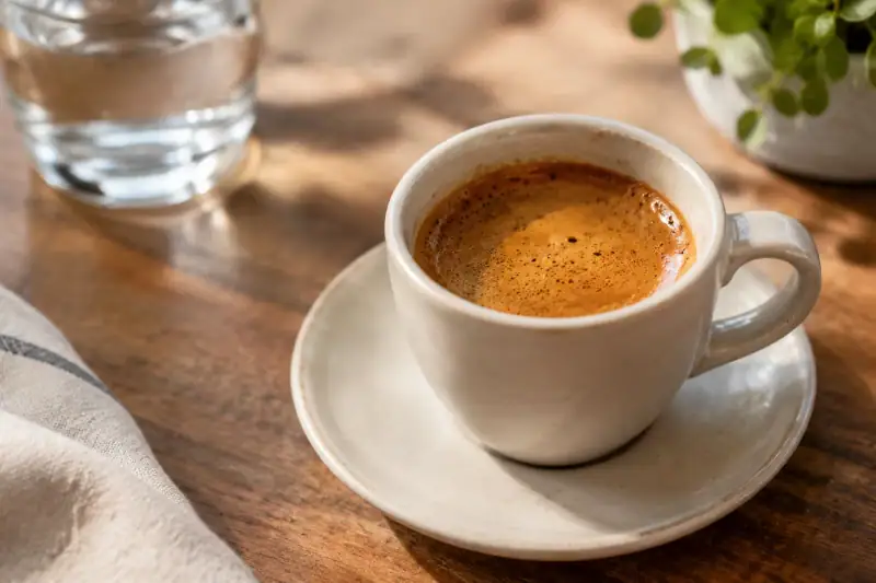 Sade bir fincandaki espressonun üzerinde görülen ince, altın kahverengi crema tabakası