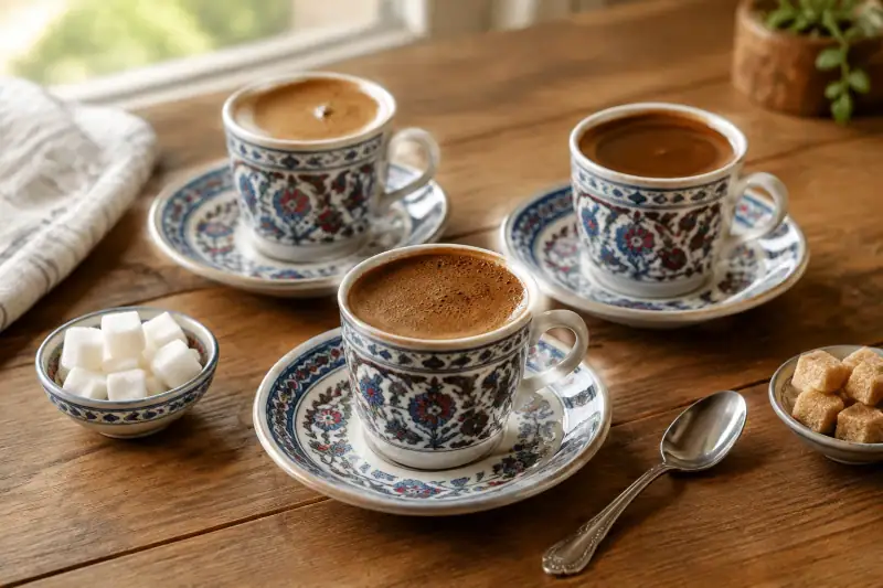 Şeker küpleri ve kaşıkla birlikte sunulan üç fincan Türk kahvesi
