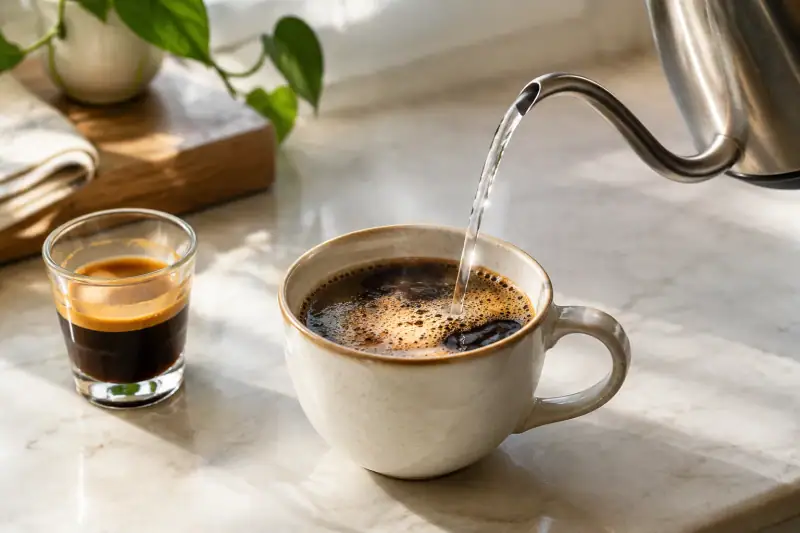 Seramik fincana espresso üzerine sıcak su eklenerek Americano hazırlanıyor; yanında espresso bardağı ve su ısıtıcısı bulunuyor.