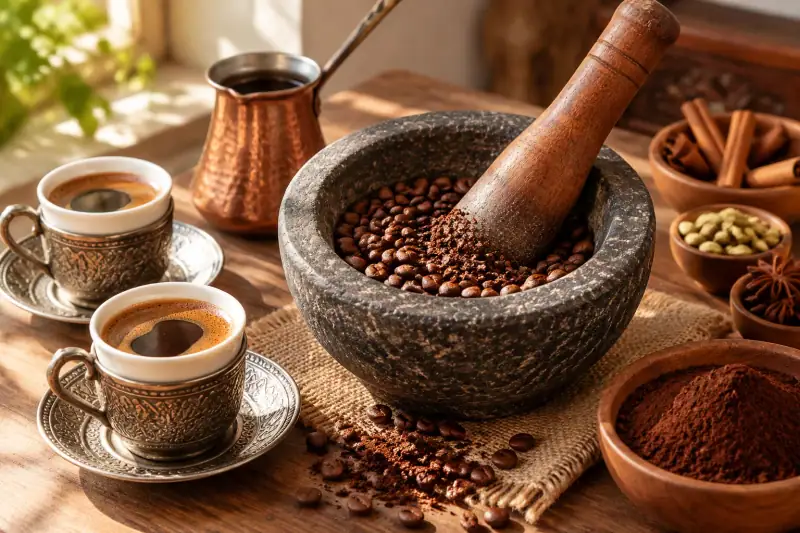 Taş havanda dövülen kahve çekirdekleri, yanında sade kahve ve baharat kaseleri ile iki fincan kahve